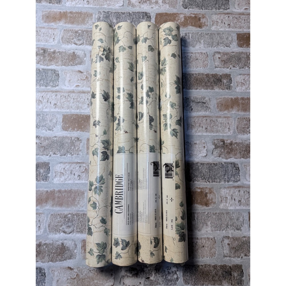 Cambridge Studios Ivy Wallpaper 4 Rolls Green Cream Vinyl‎ Pre-Pasted